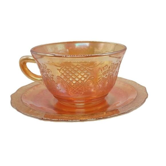 Vintage Carnival Glass Cup Saucer Marigold Amber Floral Lattice MCM Decor VTG - Picture 4 of 12